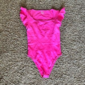 NEW!! Tik Tok Viral Hot Pink One-Piece Ruffle Sleeve Bodysuit size L
